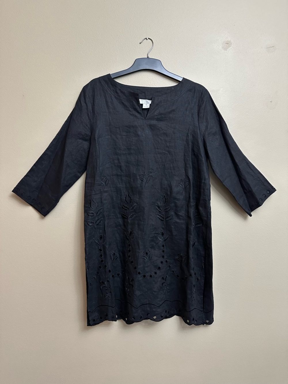 100% Linen Black Embroidered Shift Dress from David Dart